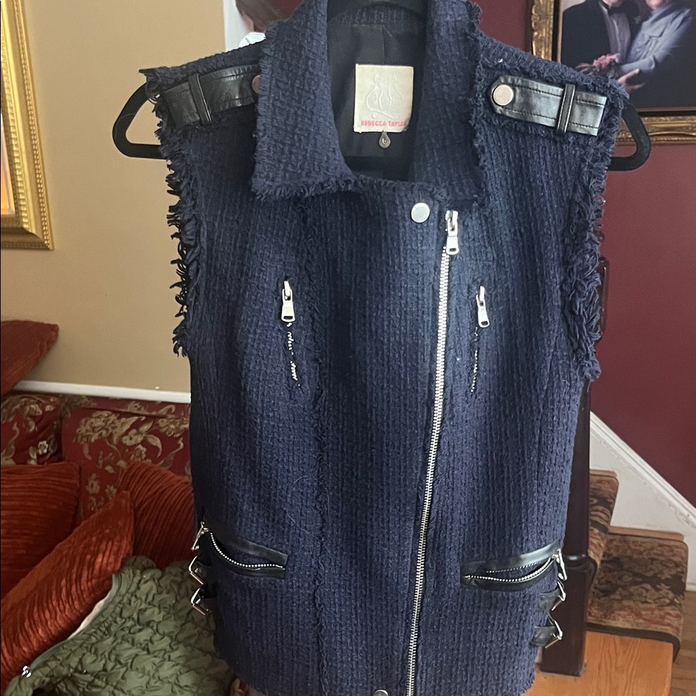 Rebecca Taylor Dark Blue Tweed Vest with Black Leather Details